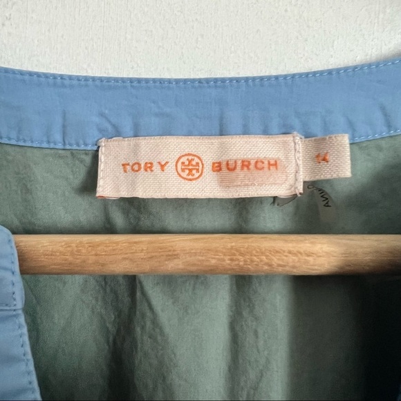 Tory Burch Colorblock Poplin Tunic Top V-Neck 3/4 Sleeve Tie Waist Tasseled - Picture 9 of 11